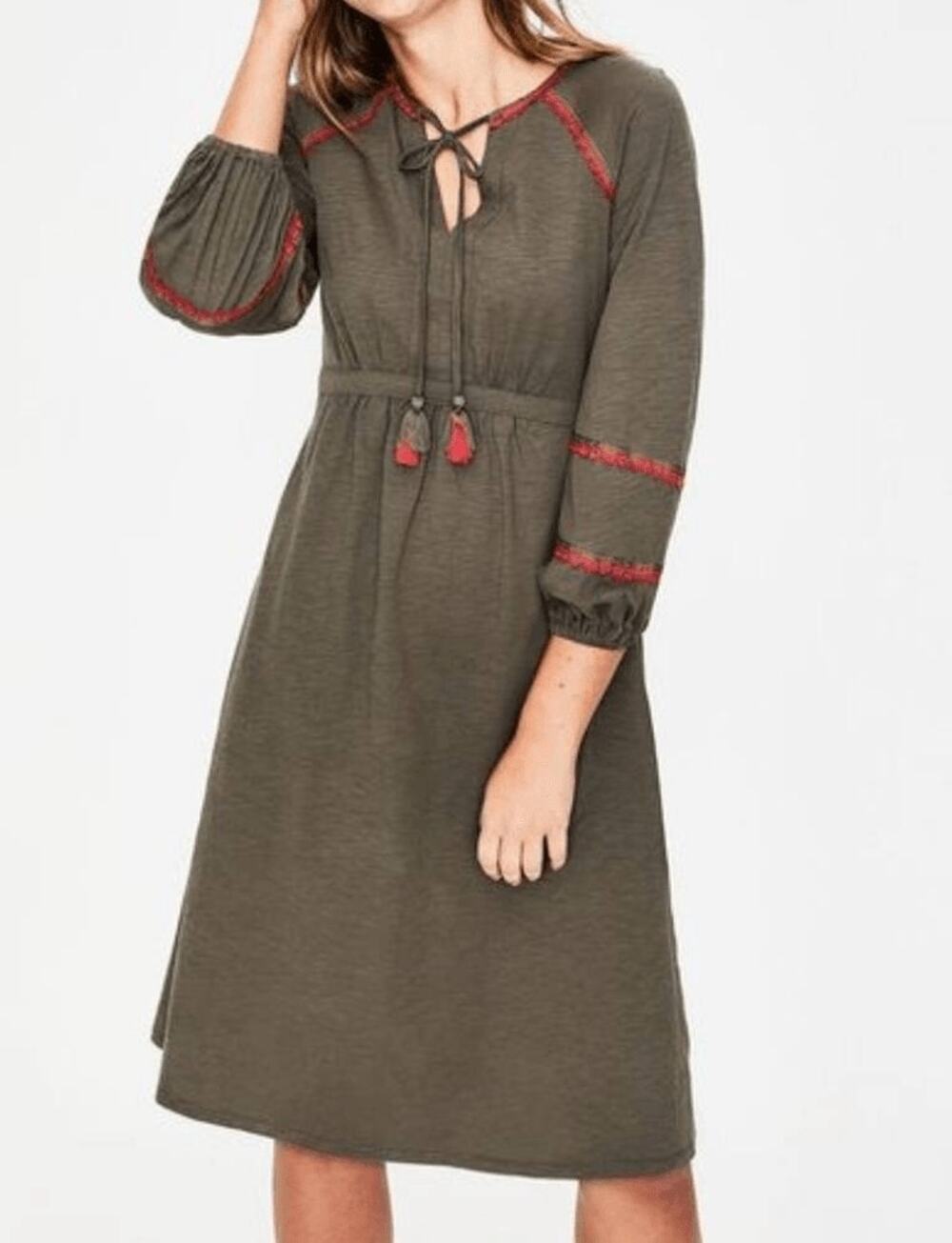 Boden Heidi Army Green Red Detail Tassel Tie Neck A-Line Jersey Dress Size 2R